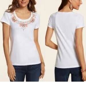 Chico's Women's Optic White Nora Necklace Short Sleeve Knit Fashion Tee 1/(8/10)